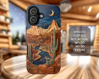 Western Desert Phone Case | Mountain & Cactus Landscape Case | Woodcut Style Western Aesthetic Cover for iPhone and Samsung Galaxy Case