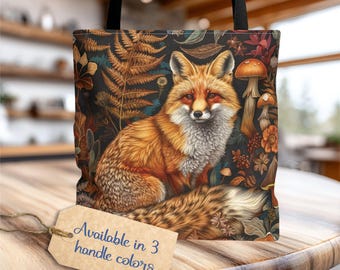 Cottagecore Fox Tote Bag, Floral Mushroom Design, Whimsical Fox Bag, Nature Lover Gift