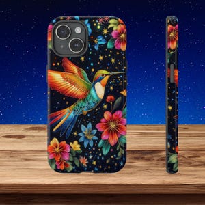 Hummingbird phone case, floral, embroidery, bird cover, garden lover gift, cottagecore, iPhone, 14, 15, 16, Samsung Galaxy   22, 23, 24, 25