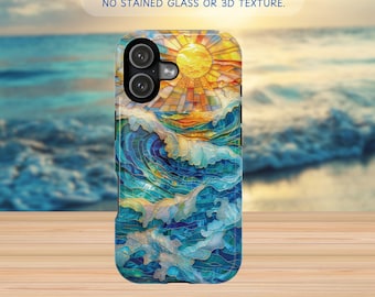 Ocean Waves iPhone Case, Stained Glass Style Beach Phone Case, Tough MagSafe Cover for iPhone and Samsung Galaxy s26