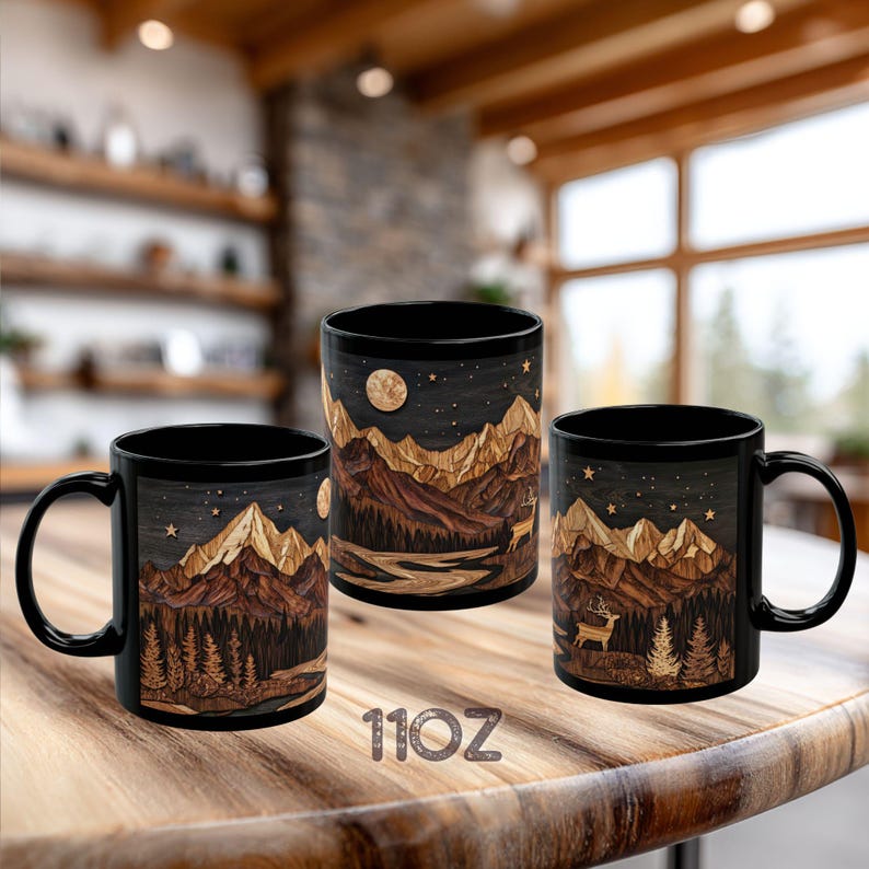Deer Mountain Cabin Ceramic Mug, Rustic Nature Lover Gift, Carved Wood Style, Mountain cabin tea cup, Rustic Kitchen Decor Bild 9