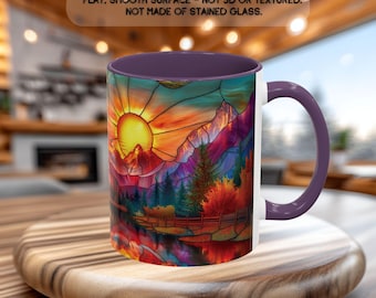 Mountain Sunset Coffe Mug, Stained Glass Style Forest Mug, Gifts for Nature Lover