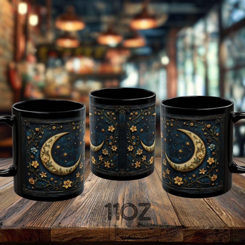 Dark Academia Coffee Mug, Celestial Crescent Moon Mug, Witchy Gothic Cottagecore Wildflower Gift zdjęcie 8