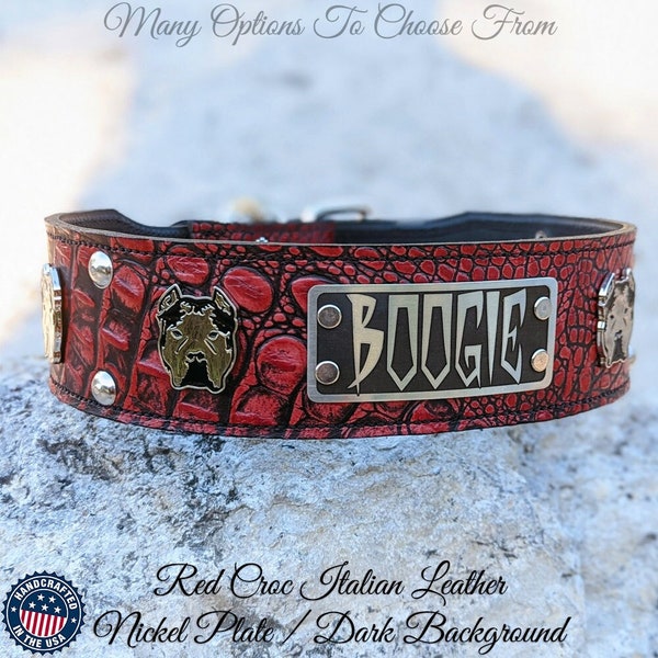 Personalized Leather Dog Collar, Leather Dog Collar for Bullys, Name Plate Leather Studded Collar, Personalized Bully Leather Collar, 2.5"
