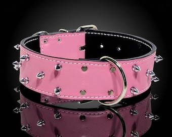 Puede incluir: Un collar rosa con dos filas de púas metálicas plateadas y una anilla en D central plateada. El collar tiene costuras blancas en los bordes, un forro interior negro y un mecanismo de cierre con hebilla de metal plateado.