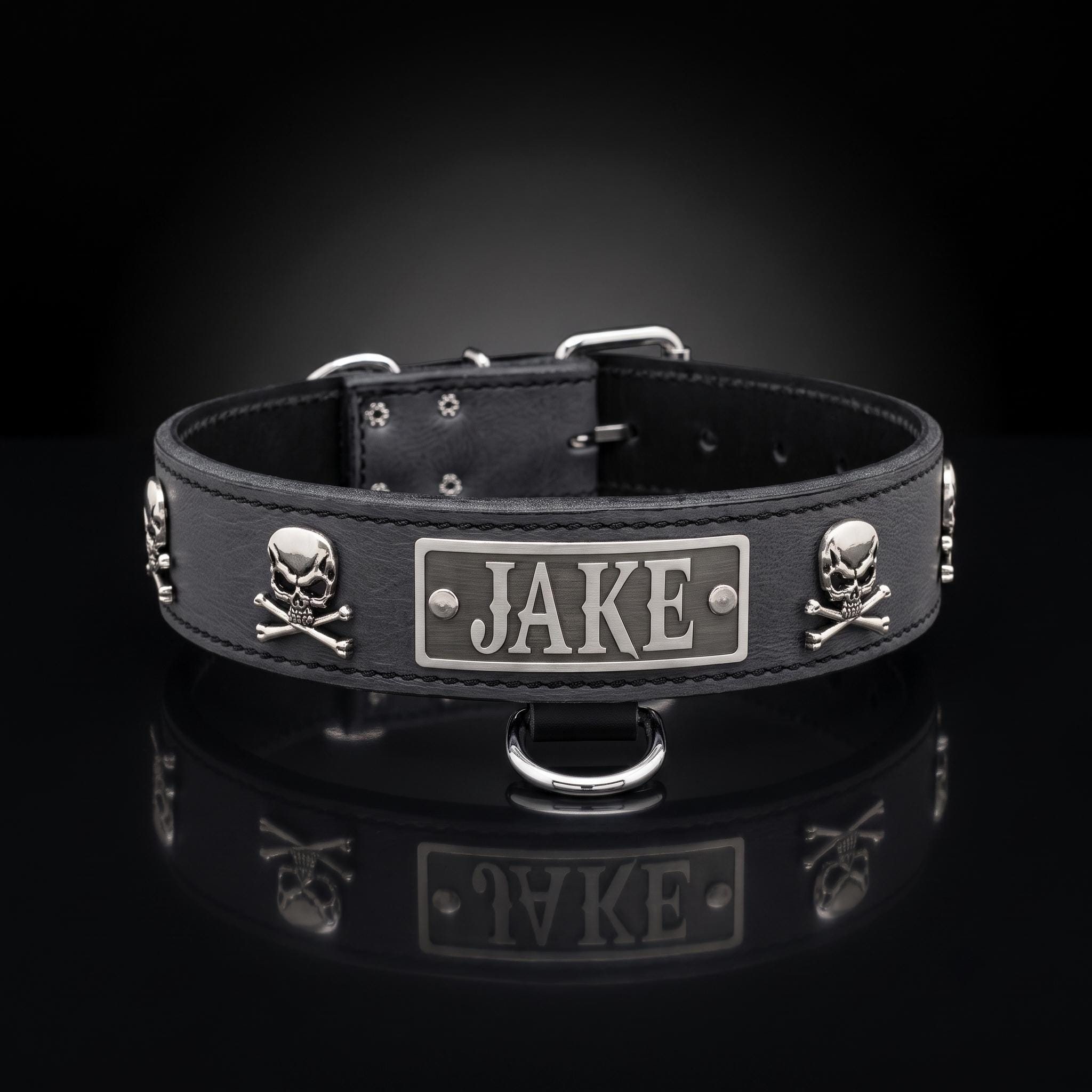 Italian Leather Skull Crossbones Dog Collar, 2 Inch Wide, Personalized Nameplate, Large Breeds
