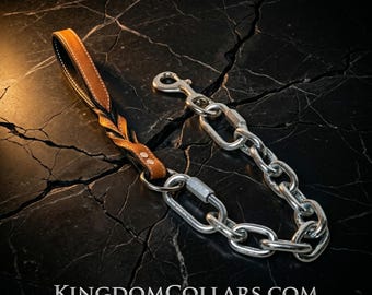 Heavy Duty Silver Chain Dog Leash: 1" Leather Handle, Big Dog Lead