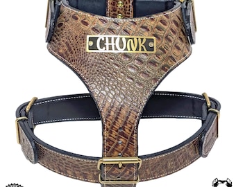 Personalized Leather Dog Harness, Leather Dog Harness with Name, Heavy Duty Dog Harness, Dog Vest, Harness for Big Dogs, Gold Hardware