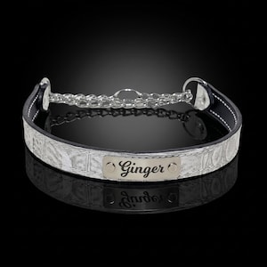 以下が含まれることがあります： 筆記体でGingerと刻印された中央の銀色の金属プレートが付いた、ライトグレーの質感のある首輪。首輪の後部には銀色の金属チェーンセクションがあり、プレートには2つのリベットが打ち込まれています。