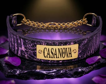 Collar de cuero Martingale de 2" para perro: placa de latón personalizada con nombre y cadena dorada.