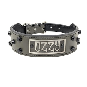 Tapered Leather Dog Collar, Personalized Leather Dog Collar, Studded Leather Collar, Leather Dog Collar with Name Plate, Real Leather, 2&quot;