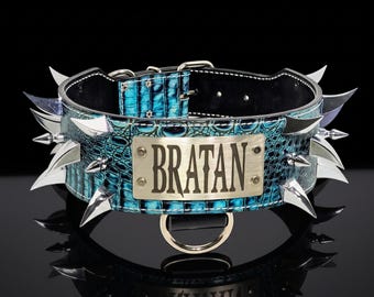 Italiaanse leren halsband Dragon Claw Spike, aangepast naamplaatje, 3" breed