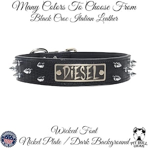 Spiked Leather Dog Collar: Personalized Name Plate, Custom 1.5&quot; Wide