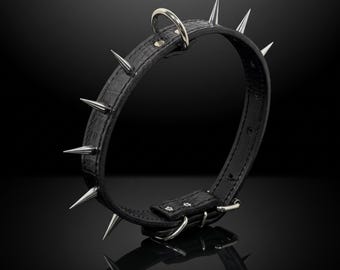 May include: A black collar with a textured crocodile-skin pattern featuring multiple sharp, silver-toned metal spikes protruding from the outer edge. The collar includes a circular metal D-ring at the top and a buckle closure with a metal loop.