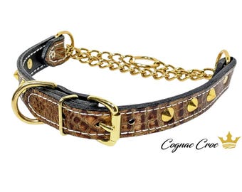 Collar de cuero Martingala para perro: Hebilla de cadena dorada, 2,5 cm de ancho, tachuelas