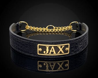 Collar de cuero personalizado para perro, tipo martingale, con placa de latón grabada para el nombre, 3,8 cm de ancho.