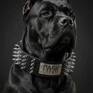 May include: A black dog wearing a wide black leather collar featuring rows of sharp silver metal spikes and a rectangular silver metal nameplate engraved with the word CASH in a stylized font, set against a dark gray background.