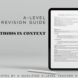 Peut inclure: Une tablette blanche affichant un guide de révision numérique pour les étudiants de niveau A. Le guide est intitulé "Méthodes en contexte" et comprend des informations sur les méthodologies de recherche.