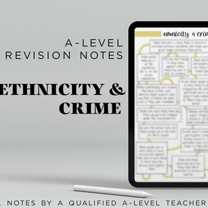 Puede incluir: Notas de revisión de nivel A sobre la etnicidad y el crimen, mostradas en una tableta digital con un lápiz blanco. Las notas están organizadas en un formato de mapa mental con texto amarillo sobre fondo blanco.