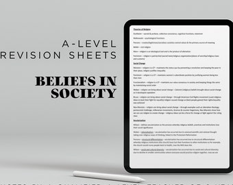 Può includere: Fogli di revisione di livello A per le credenze nella società. Appunti digitali di un insegnante qualificato di livello A con 8 anni di esperienza. L'immagine mostra un tablet bianco con uno stilo su uno sfondo grigio.