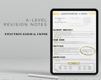 Puede incluir: Notas de revisión de nivel A sobre el funcionalismo y el crimen, con un resumen de la teoría de Durkheim. Las notas están en una tableta digital con un lápiz blanco. El texto en la tableta es en negro y amarillo.