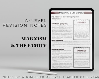 May include: A digital tablet displaying revision notes for an A-level course on Marxism and the family. The notes are organised into sections titled "Key positions of the Marxist perspective", "Reproduction of inequality", "Social and economic consequences", "Ideological positioning", "Summary", and "Evaluation".