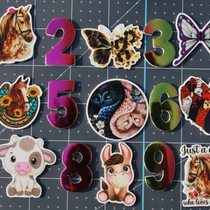 May include: A set of ten colorful, iridescent, numbered, vinyl stickers with various images. The numbers are 1 through 9 and the tenth sticker has the text "Just a girl who loves horses". The images include a horse, a butterfly, owls, chickens, a cow, and a donkey.