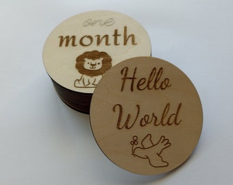 Baby Milestone Wooden Discs, Newborn Photo Props, Monthly Age Milestones 12 Month Set + Hello World, New Parent Gift Ideas