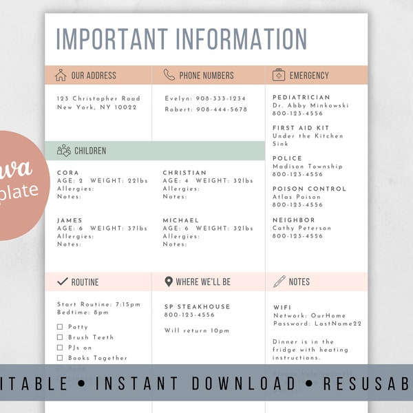 Babysitter Informationsblatt | Notfall Kontakt Info | Wichtige Informationen PDF | Canva Editable Printable