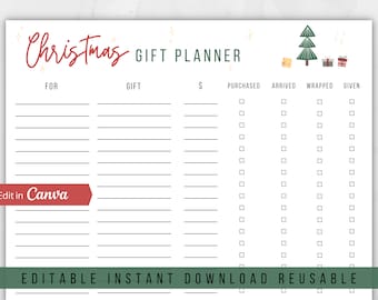 May include: A printable Christmas gift planner with a green Christmas tree and red and white gift boxes. The planner has columns for "For", "Gift", "$", "Purchased", "Arrived", "Wrapped", and "Given".