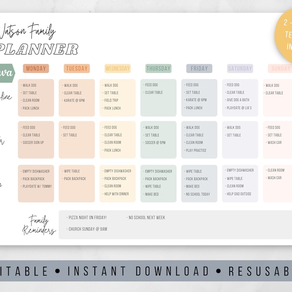 Printable Editable Family Planner | Digital Instant Download | Weekly Family Responsibilities | Household Command Center