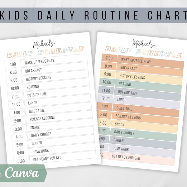 Printable Editable Kids Daily Schedule | Homeschool Schedule | Daily School Planner