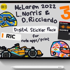 May include: Digital sticker pack for note apps or printing. The pack features McLaren Formula 1 drivers Lando Norris and Daniel Ricciardo. The stickers include a car, helmets, and logos. The text "McLaren 2022 L. Norris & D. Ricciardo" is written in black on a gray background.
