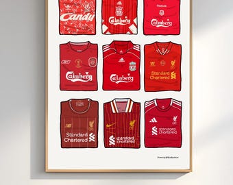 Liverpool Jerseys Poster | Hand Drawn Liverpool Shirt Collection | Printable Football Wall Art