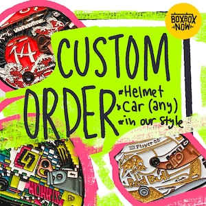 May include: Image promoting custom orders for helmets and cars. The text "CUSTOM ORDER" is prominent, with additional text indicating "Helmet" and "Car (any)" options. The image features examples of custom helmet designs in various colors and styles.