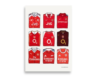 Arsenal Shirt History Poster | Hand Drawn Arsenal Shirt Collection | Printable Football Wall Art