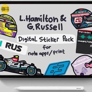 May include: Digital sticker pack featuring illustrations of Formula 1 drivers Lewis Hamilton and George Russell. The pack includes images of their helmets, cars, and logos. The text "L.Hamilton & G.Russell Digital Sticker Pack for note apps/print" is written in black on a gray background.
