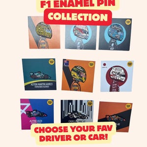 May include: A collection of nine enamel pins featuring Formula 1 racing helmets and cars on individual display cards. The text F1 ENAMEL PIN COLLECTION and CHOOSE YOUR FAV DRIVER OR CAR! is visible. Each card displays a unique racing design.