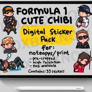 May include: A digital sticker pack featuring cute chibi illustrations of Formula 1 drivers. The pack contains 33 stickers, pre-cropped and high resolution, perfect for note apps or printing.