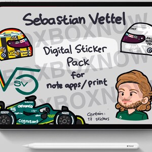 May include: Digital sticker pack featuring Sebastian Vettel, a Formula 1 driver. The pack includes 17 stickers of Vettel's helmet, car, and a cartoon portrait of him. The stickers are designed for use in note apps or for printing.
