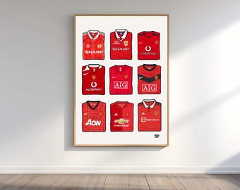 Manchester United Jerseys Poster | Hand Drawn Manchester United Shirt Collection | Printable Football Wall Art