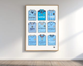 Manchester City Jerseys Poster | Hand Drawn Manchester City Shirt Collection | Printable Football Wall Art