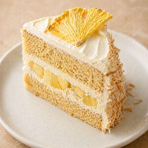 May include: A slice of layered cake with white frosting and pineapple slices. The cake is on a white plate, with a dried pineapple slice on top. The cake has a light brown color, with visible layers of cake and frosting.