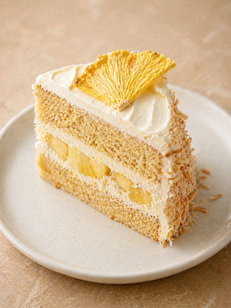May include: A slice of layered cake with white frosting and pineapple slices. The cake is on a white plate, with a dried pineapple slice on top. The cake has a light brown color, with visible layers of cake and frosting.