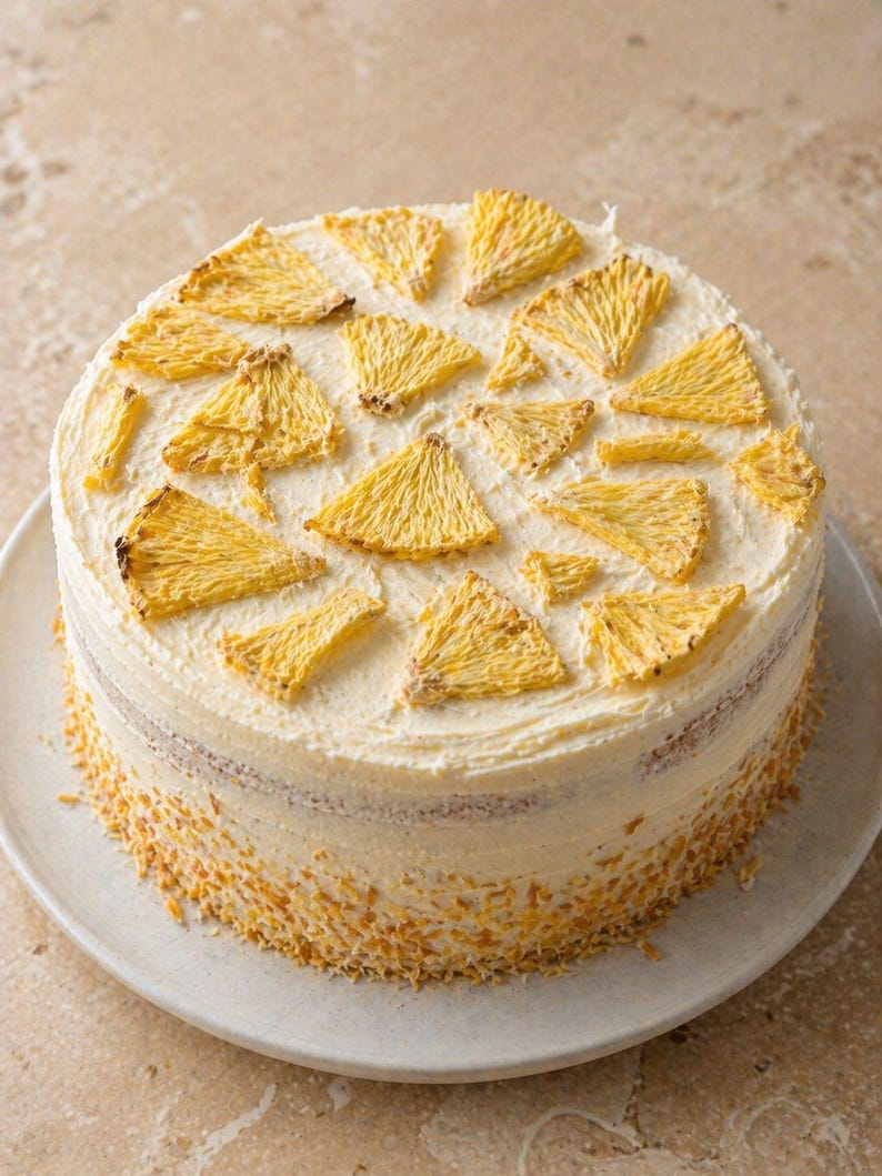 May include: A round cake with white frosting and yellow pineapple slices on top. The cake sits on a white plate and has a layer of yellow crumbs around the bottom. The cake is a dessert.