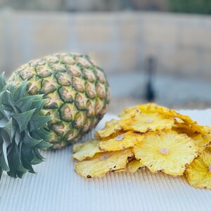 May include: A whole pineapple with green leaves and a textured, green and yellow rind sits next to a pile of dried pineapple slices. The slices are yellow and circular, with a visible core.