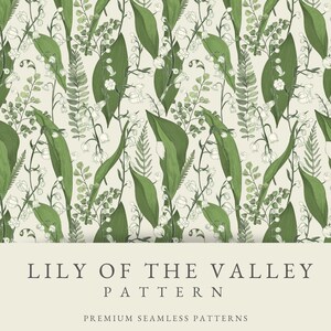Könnte beinhalten: Ein nahtloses Muster mit zarten weißen Maiglöckchenblüten und grünen Blättern auf cremefarbenem Hintergrund. Der Text "Lily of the Valley Pattern" und "Premium Seamless Patterns" ist unterhalb des Musters dargestellt.