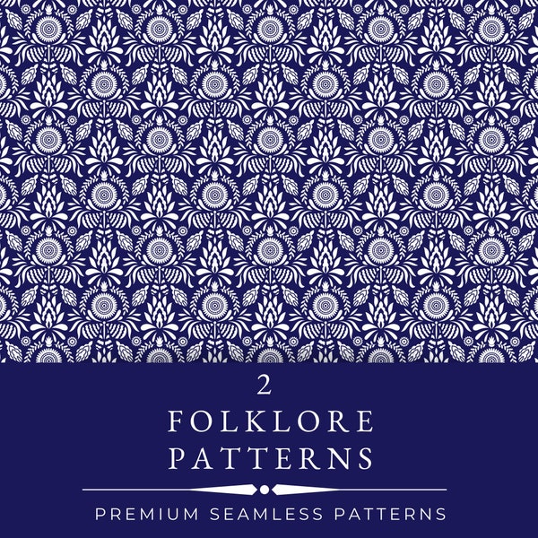 Folklore Blue Seamless Pattern, Floral Repeat Pattern, Folklore Seamless Digital Papers, Scrapbook, PNG Bohemian printable design