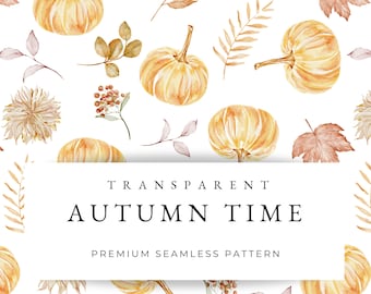 Watercolor Autumn Pumpkin Seamless Pattern: Floral Fall Leaves (PNG)