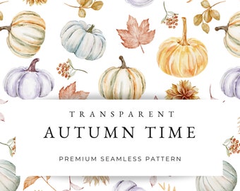 Watercolor Autumn Pumpkin Seamless Pattern: Floral Fall Leaves (PNG)